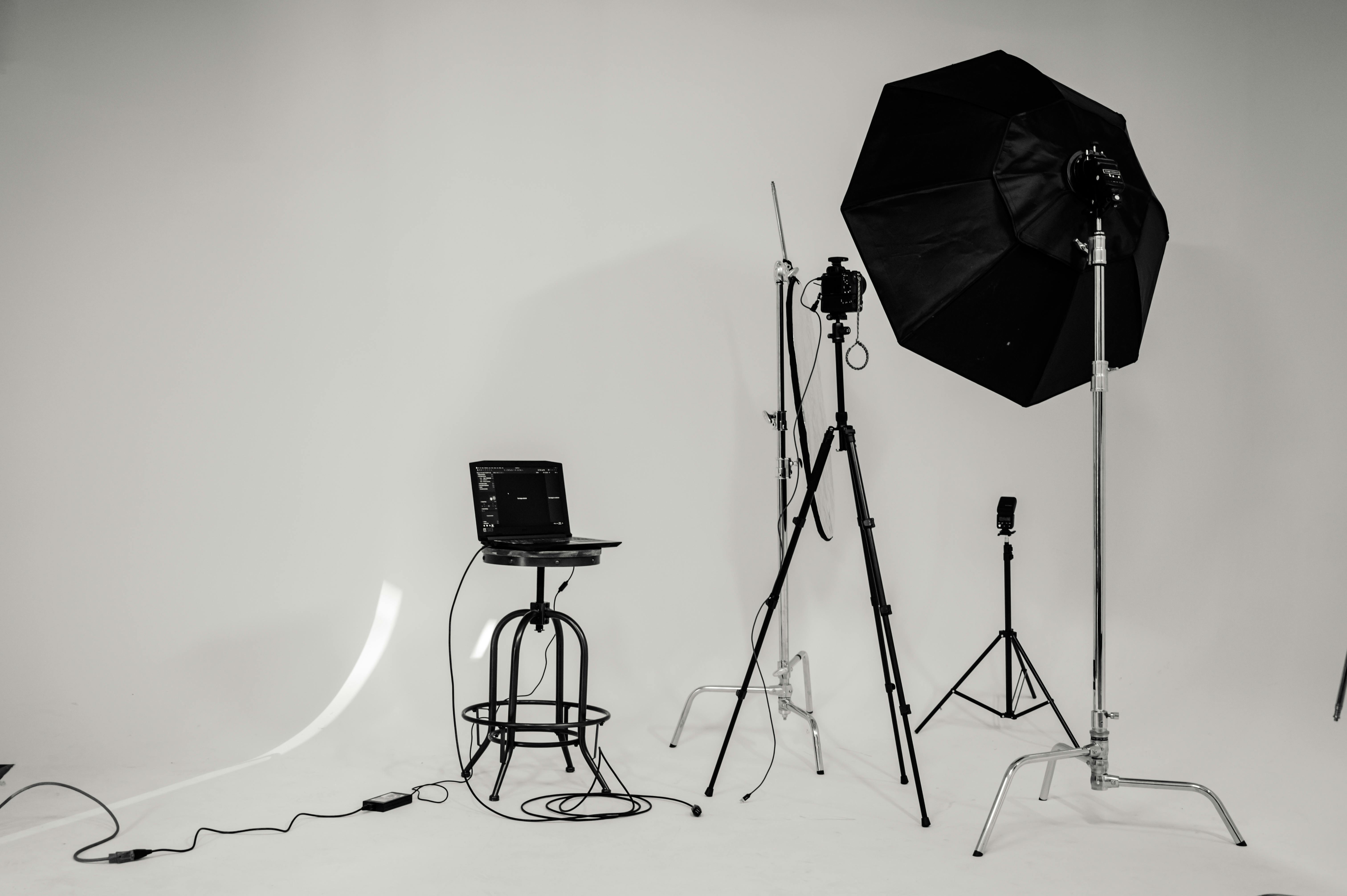 Portrait photography equipment and chair on white background
