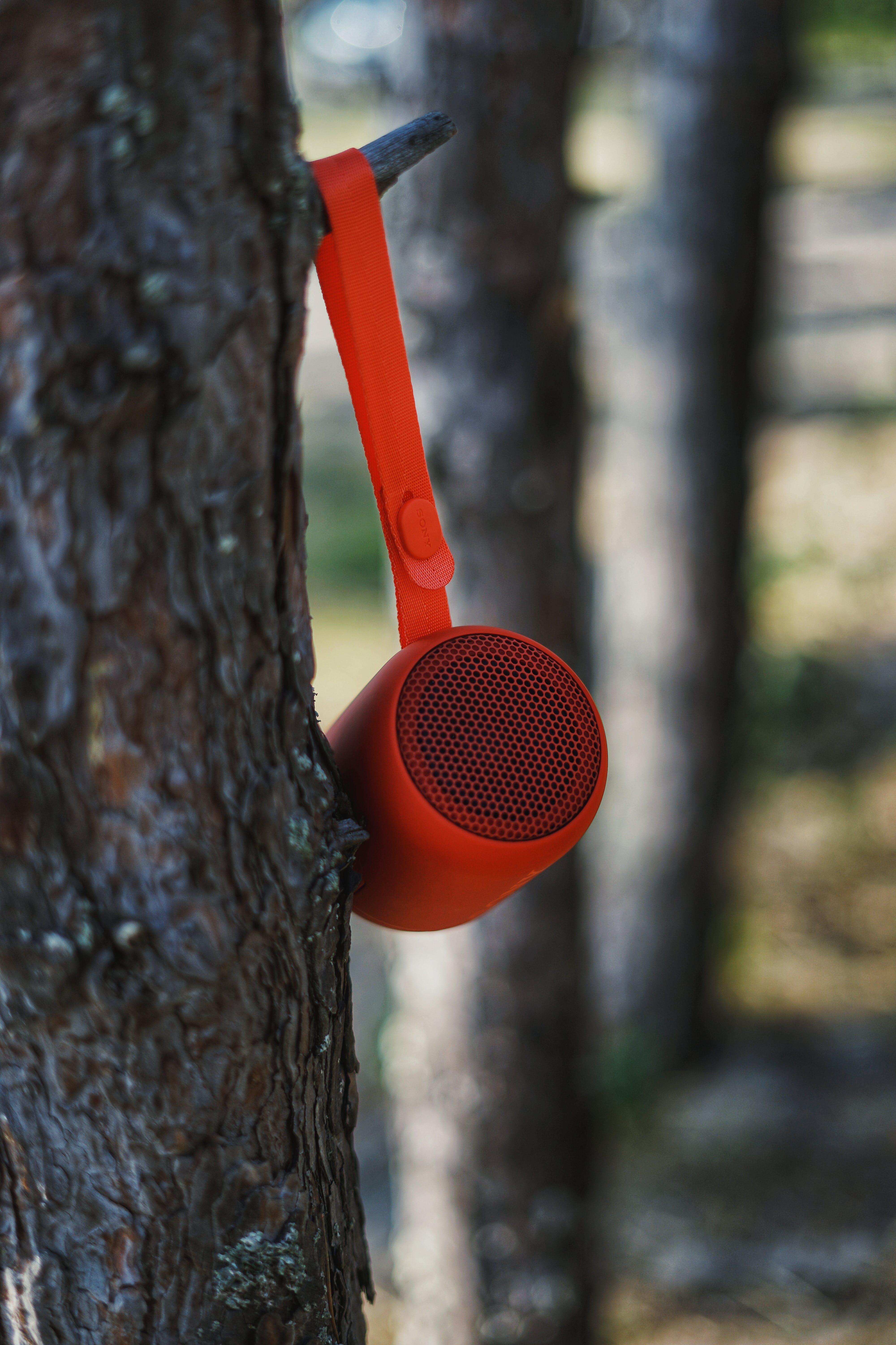 Red bluetooth speaker hanging on a tree