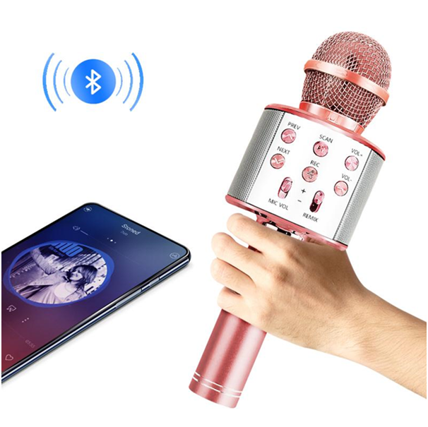 Smartphone and a hand holding a microphone, on a white background