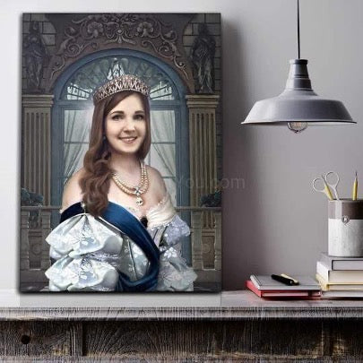 A portrait of a woman in a historical aristocratic dress stands on a table near the wall next to notebooks, books and a stand for stationery