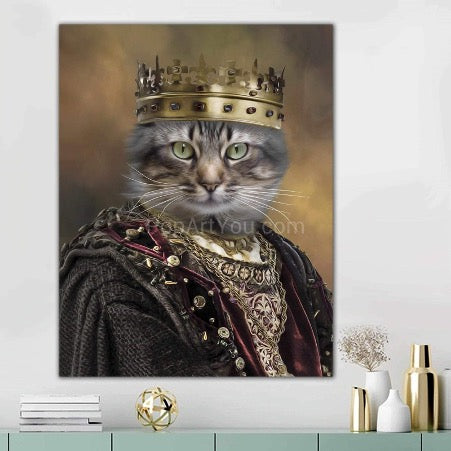 Portrait of a gray cat in a crown and aristocratic costume hangs on a white wall