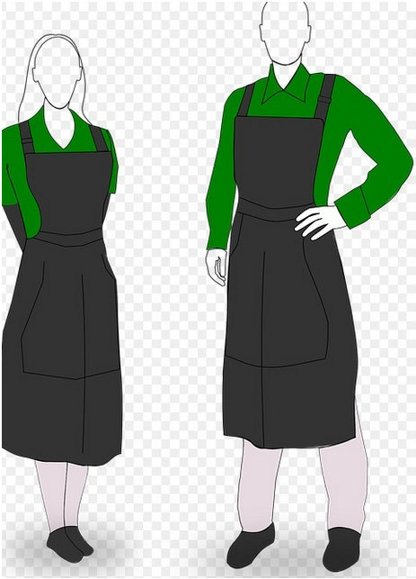Drawings of human figures in green shirts and black aprons