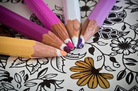 Five colored pencils lie on the coloring book