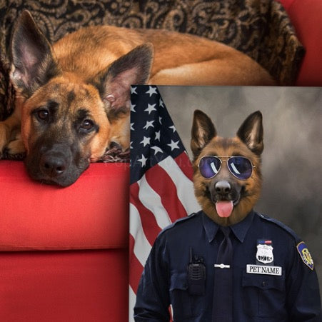 Shepherd dog lies on a red sofa, next to the sofa there is a portrait of a shepherd dog dressed as a policeman