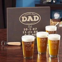 4 beer glasses with beer and a package with the words 