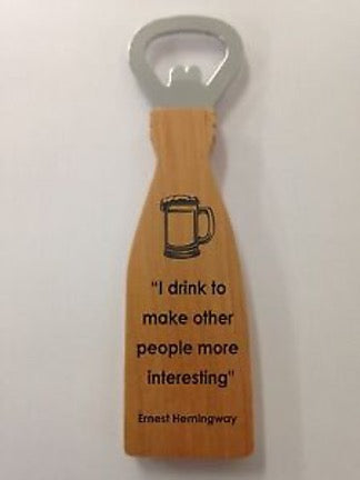 Wooden bottle opener with black lettering and beer mug pattern