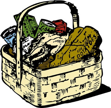 Picture of picnic basket with different products inside 