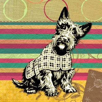 Print of a miniature schnauzer on a background of multi-colored stripes