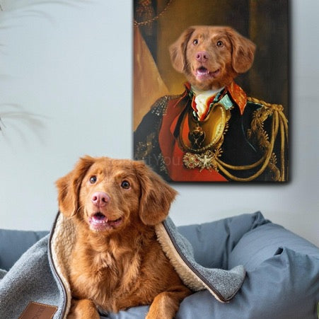 A portrait of a dog in royal clothes hangs on the wall, and the dog sits on the bed next to the portrait