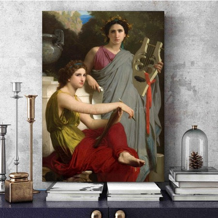 A portrait depicting two women in antique Greek clothes stands on a blue table on books