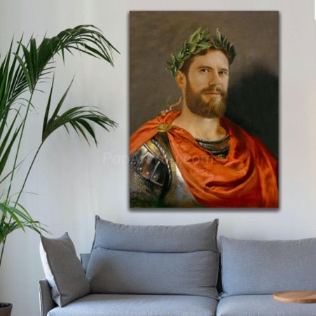 Portrait of a man in a laurel wreath, armor and a red cloak hangs on a white wall above the sofa