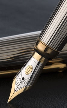 Silver-tone fountain pen with gold details and carvings