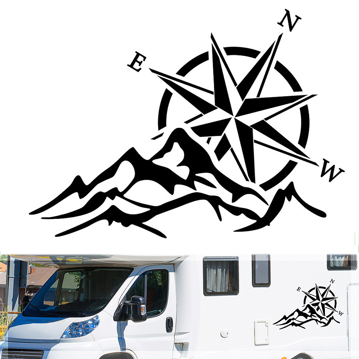 Motorhauben-Aufkleber, großer Kompass mit Berg-Navigationsmuster für Camper, Wohnmobil, Auto, Boot