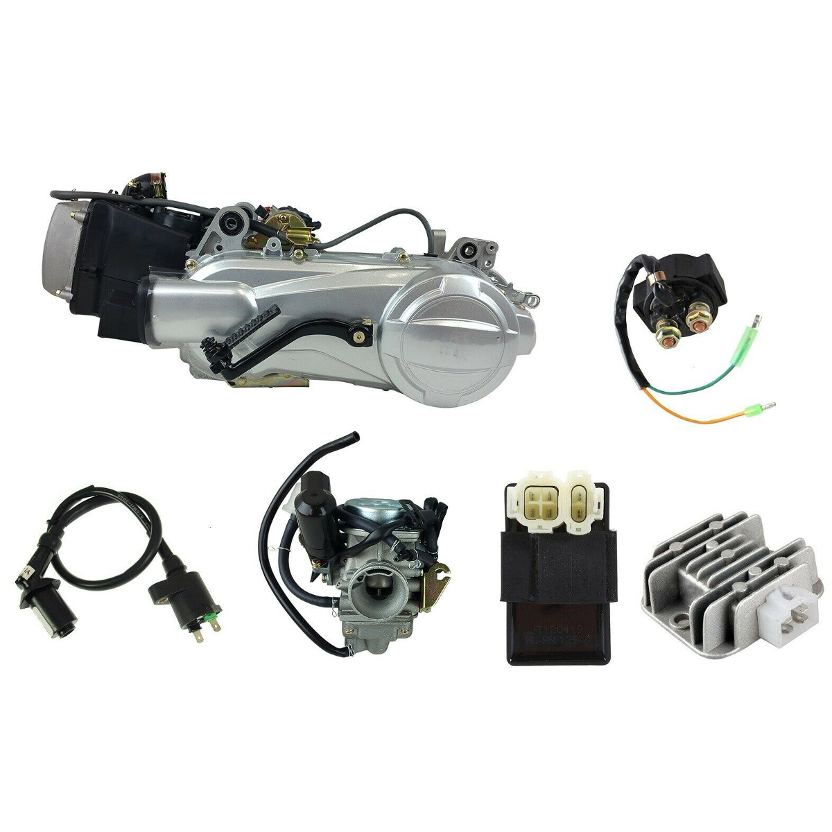 150Cc 125Cc GY6 4-Stroke Scooter Motor Complete Engine Kits Carburetor Ignition Coil Starter Relay CDI Voltage Regulator Set Single Cylinder Short Case