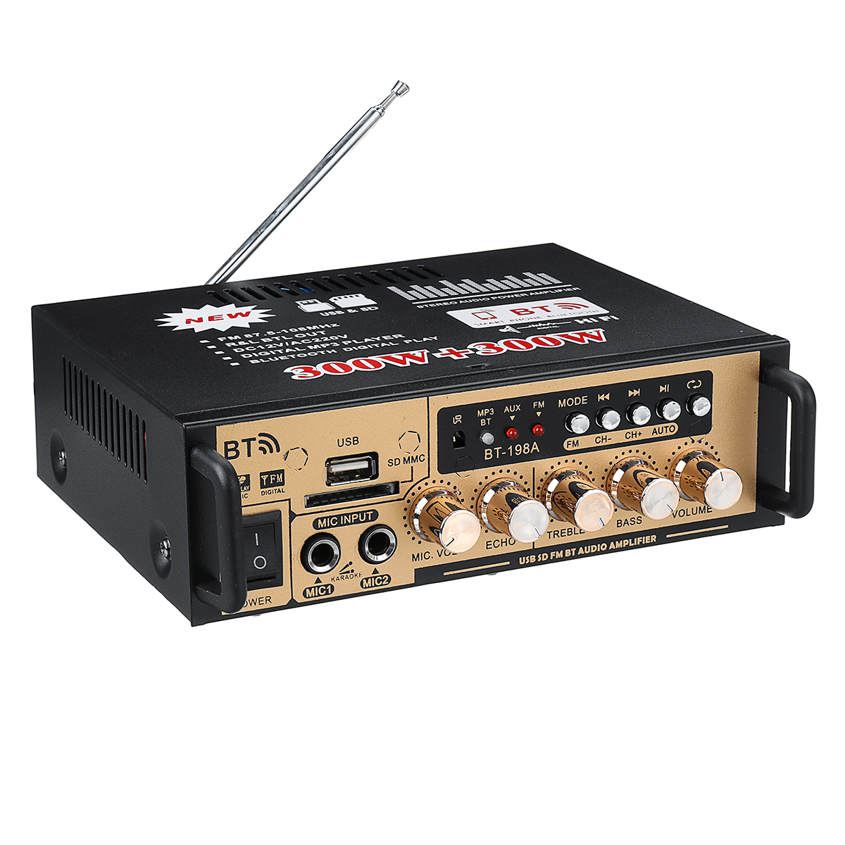 BT-198A 300W + 300W Amplificador de potencia para automóvil HIFI Audio digital Bluetooth AMP Radio FM para automóvil / hogar / teatro