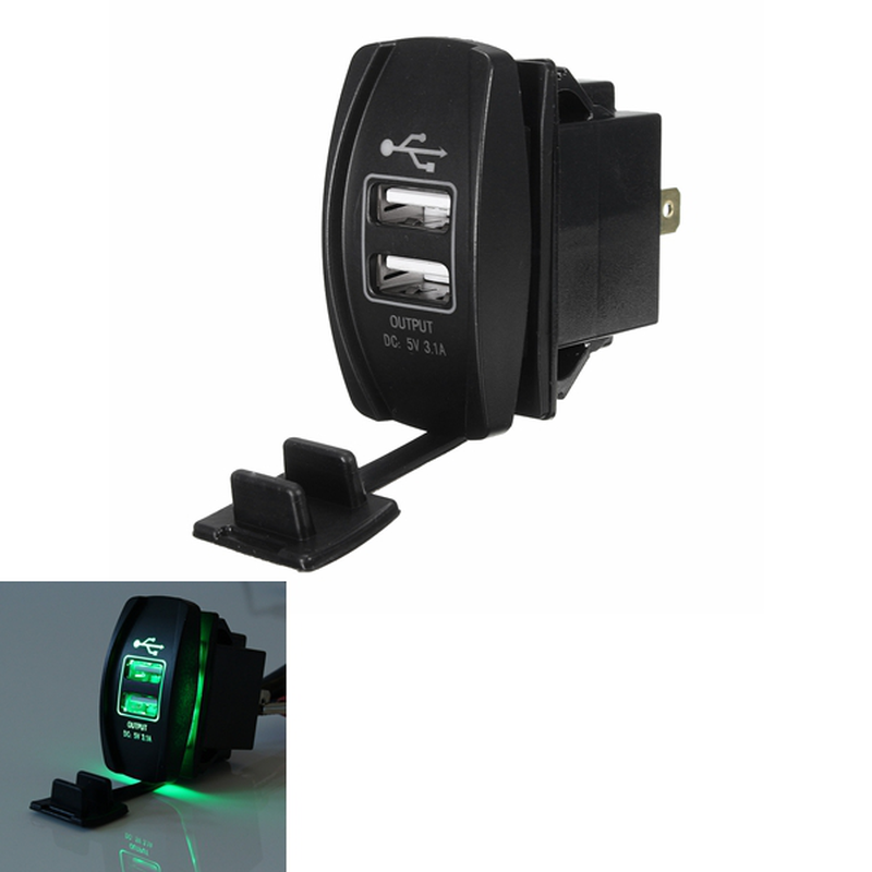 12V ~ 24V LED verde retroiluminado Coche Barco Dual USB Cargador 5V 3.1A Interruptor basculante de salida