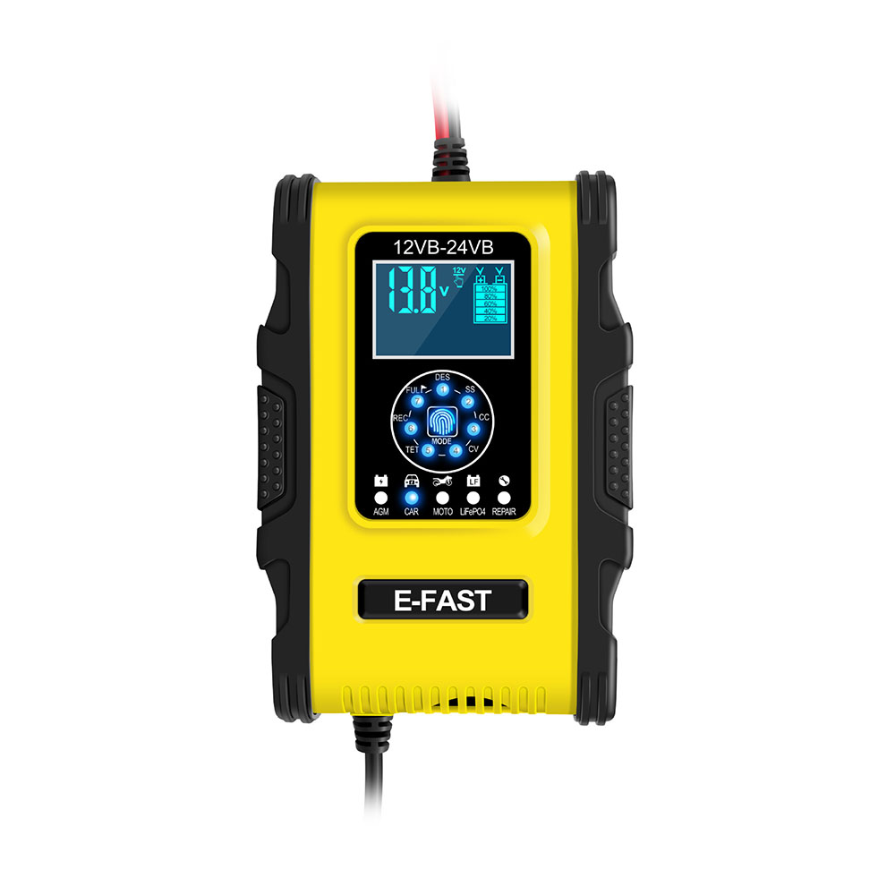 E-FAST 12V 24V 12A 6A Cargador de batería Pantalla LCD de carga de 7 etapas Amarillo para motocicleta Coche Gel AGM Lifepo4 Batería de plomo-ácido