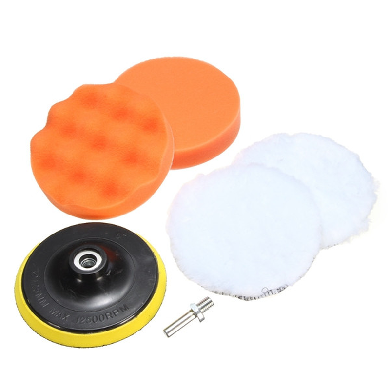 5Pcs 5Inch Polishing Pad Set Waxing Disc Wave Sponge Drill Adapter Wool Ball