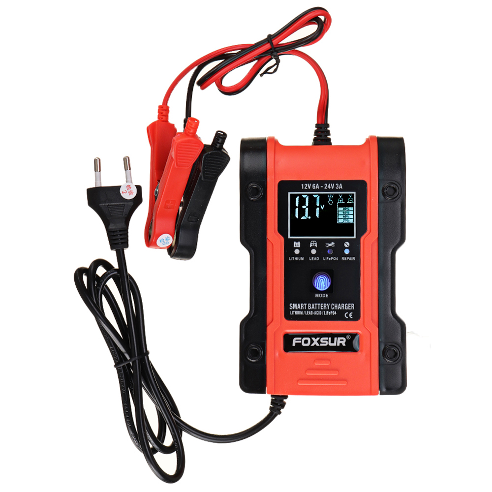 FOXSUR 3 en 1 12V 24V Pantalla táctil LCD Reparación de pulso Cargador de batería Motocicleta Coche Automático Inteligente para batería de litio Plomo-ácido Agm Gel Húmedo Lifepo4 Baterías