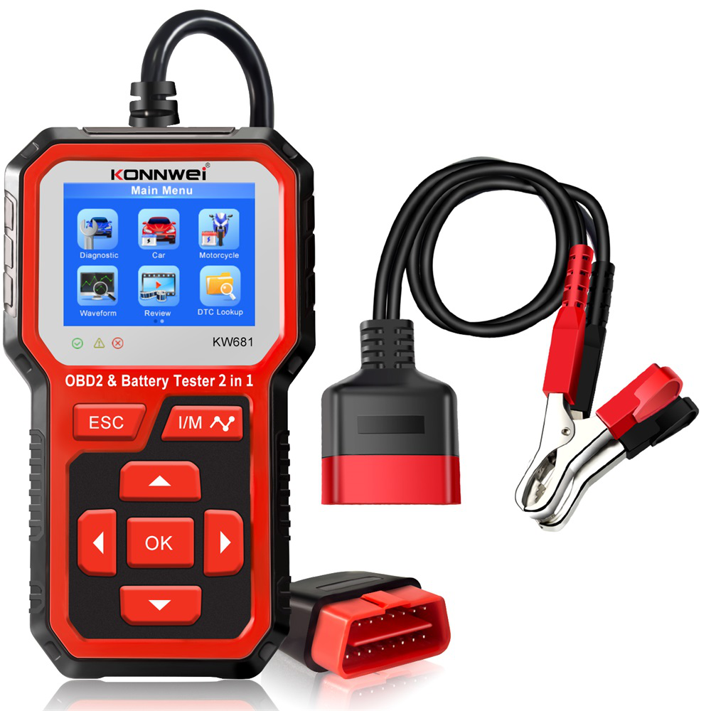 KONNWEI KW681 Autobatterietester OBD2 Diagnosescanner 2 in 1 Codeleser DTC Motor Anlasstest für 6-12V Auto Motorrad