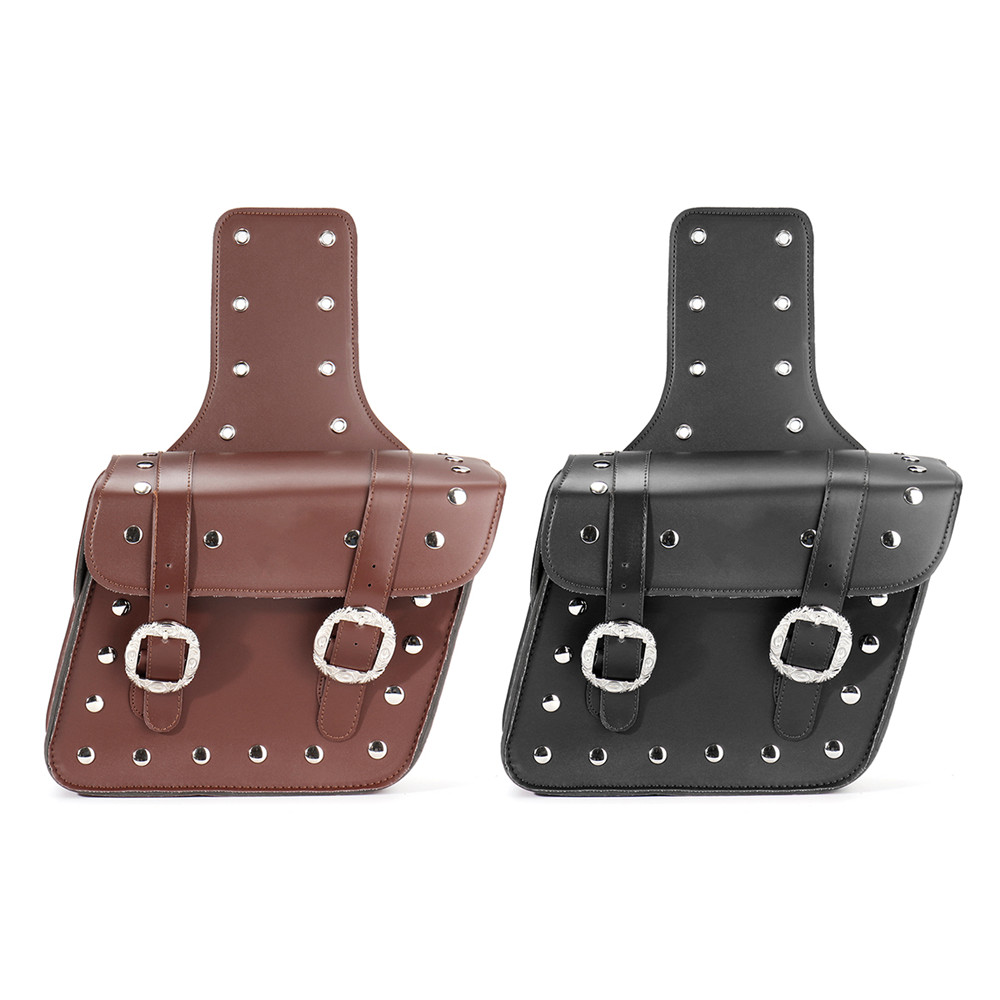 Pair Black/Brown Motorcycle Universal PU Leather Side Box Hanging Bag Side Saddlebags with Kettle Bag