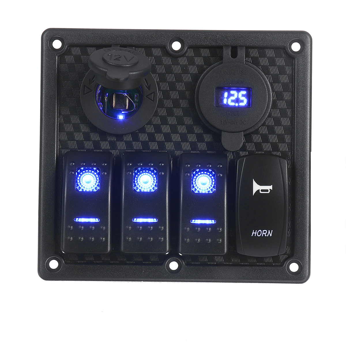 Panel de interruptores de 4 entradas y 12V, USB dual para caravana, yate, barco, RV, camión, LED azul