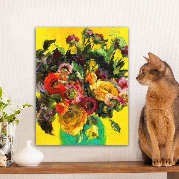 Print of dramatically coloured florals against a yellow ground, original oil panel artwork created by Roxanne Dyer; this print is 14" x 11"