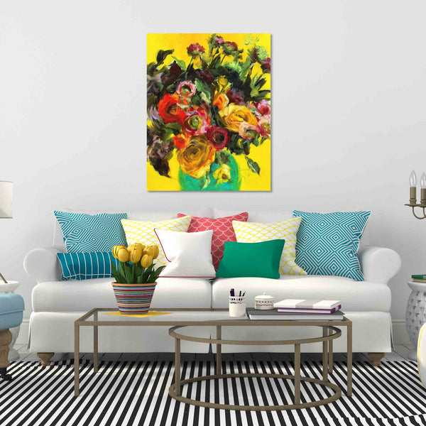 Print of dramatically coloured florals against a yellow ground, original oil panel artwork created by Roxanne Dyer; this print is 40" x 30"