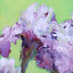 Iris 2, Blossom where you Grow (detail 1), the original is 24"x24", oil on panel, is an original oil painting of white and purple irises by artist Roxanne Dyer