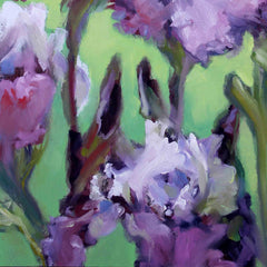 Iris 2, Blossom where you Grow (detail 2), the original is 24"x24", oil on panel, is an original oil painting of white and purple irises by artist Roxanne Dyer