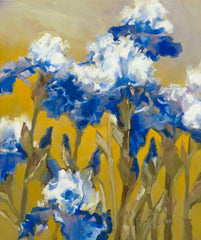 "Iris 1", 20"x24", oil on canvas, is an original oil painting of white and blue irises by artist Roxanne Dyer