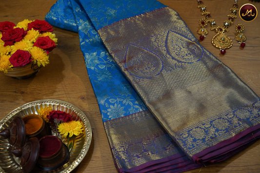 Teal Blue Combination Of Brownish Red & Bright Maroon Banaras Arts Silk  Saree With Thread Weaves