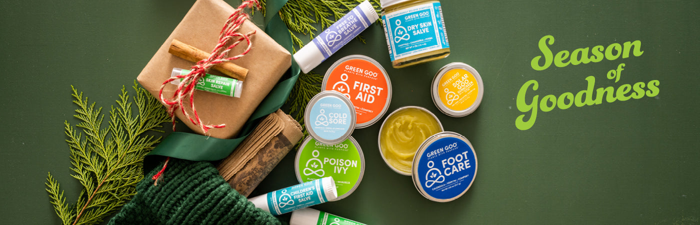 Green Goo's Season of Goodness has begun. Several products are pictured alongside the Spread Goodness box
