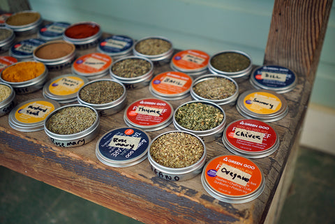 Once-empty Green Goo salve tins filled with herbs and spices