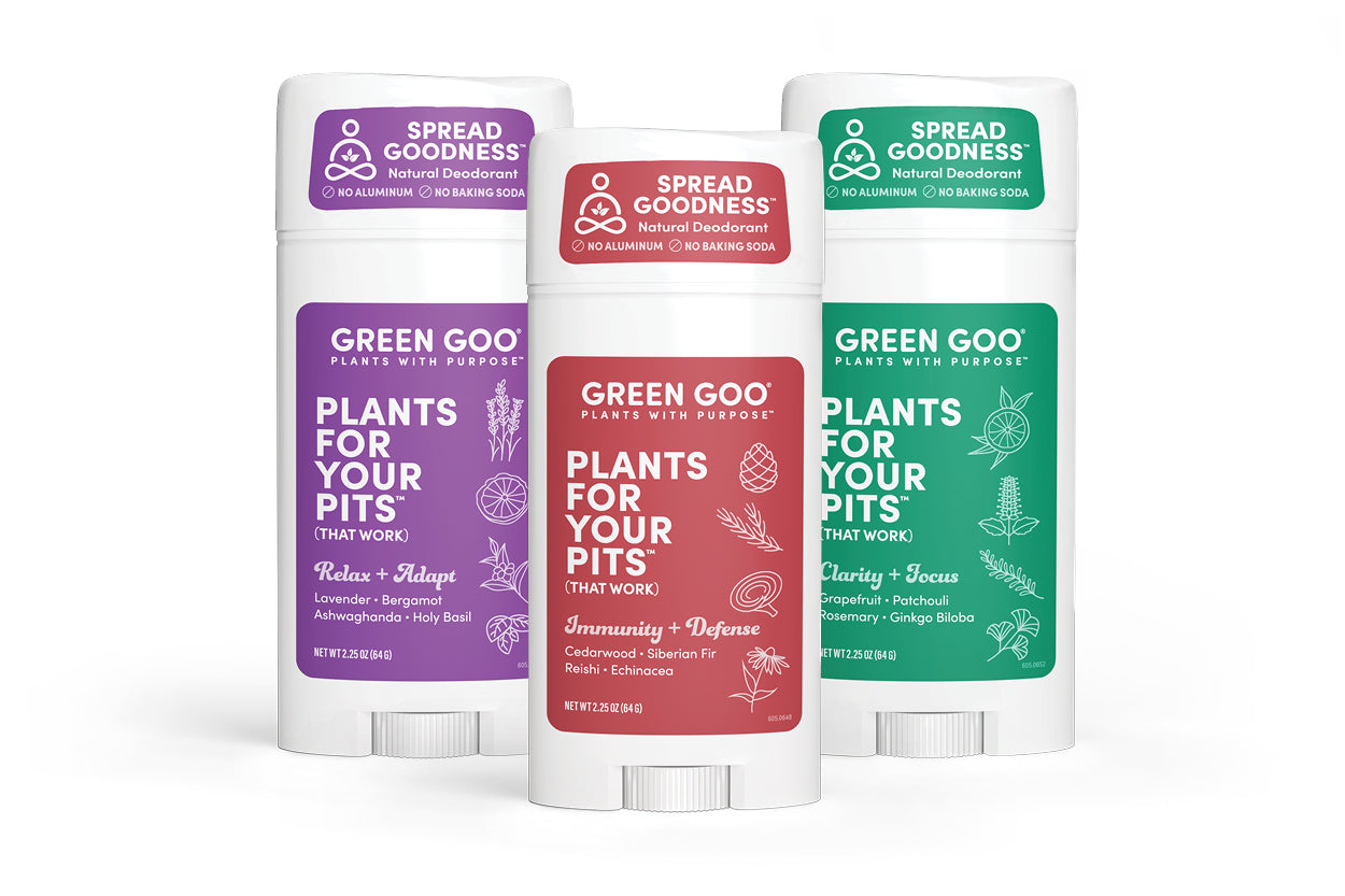 Plants For Your Pits Herbal Natural Deodorant comes in three varieties: Relax + Adapt, Immunity + Defense, Clarity + Focus