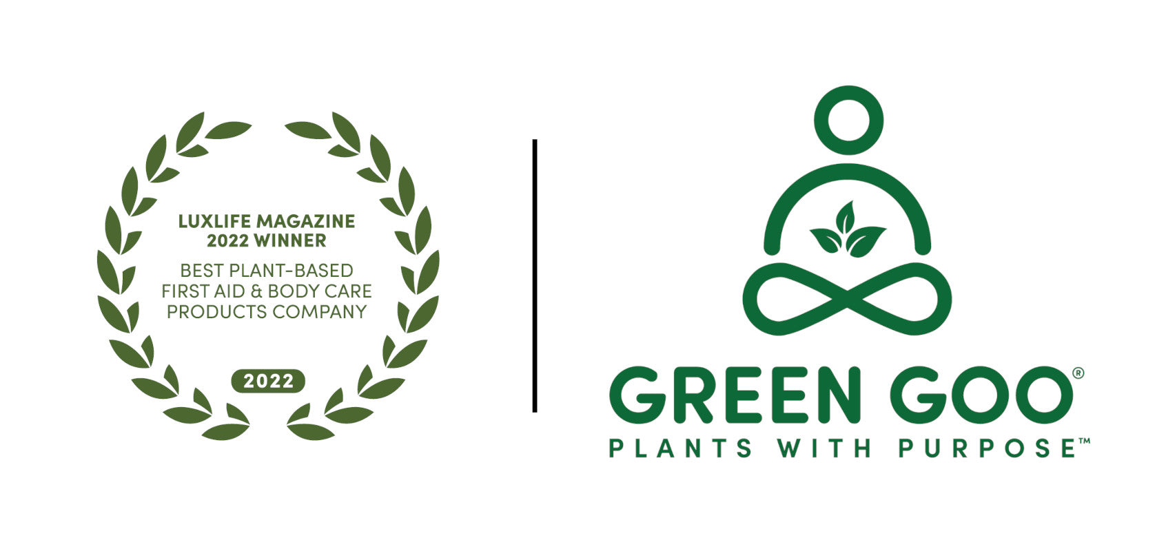 Green Goo GooRu logo lockup with LuxLife Award Badge: LuxLife Magazine 2022 Winner for Best Plant-Based First Aid & Body Care Products Company