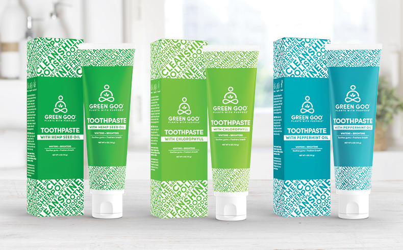 Green Goo's improved toothpaste with peppermint now comes in two additional flavors--chlorophyll and hemp seed oil--and new sustainable sugarcane tubes