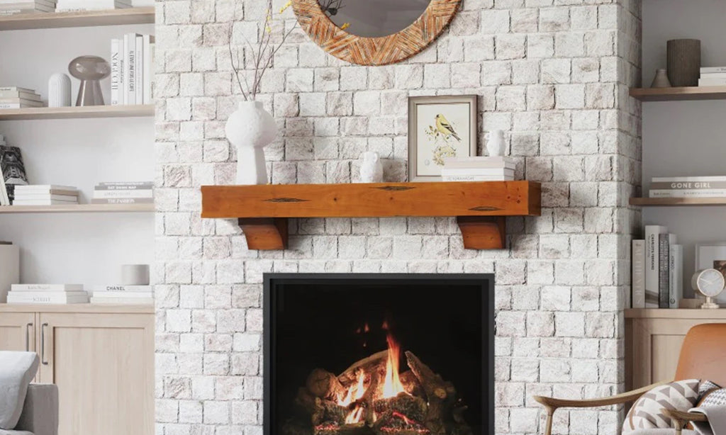 Classic styled wood mantel in a warm tone against a white brick wall with fireplace.