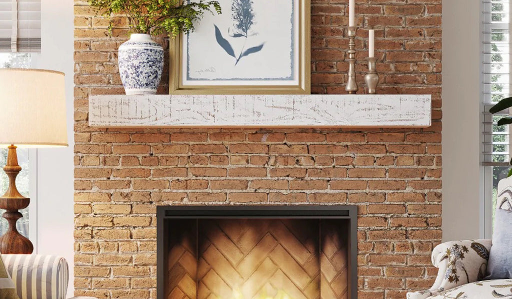 Cottage chic wood mantel over a fireplace.
