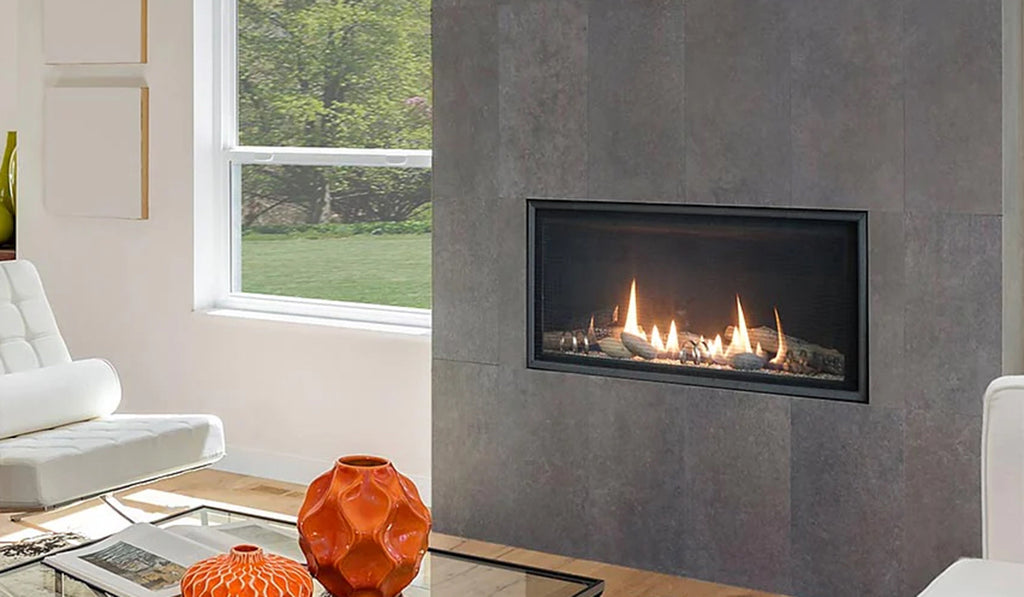 Gas fireplace recessed in a wall.