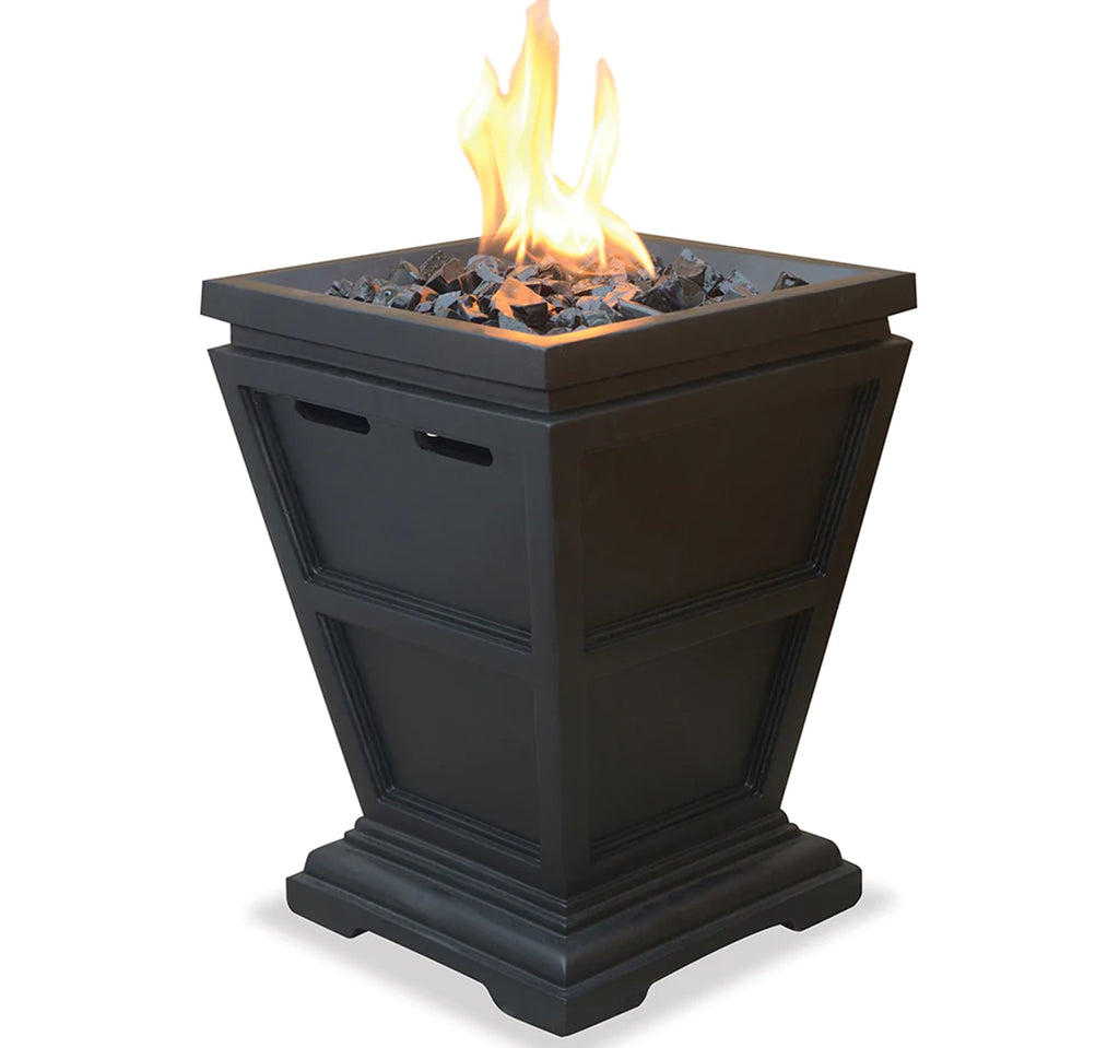 A stand alone fire column with gas for patio warming.