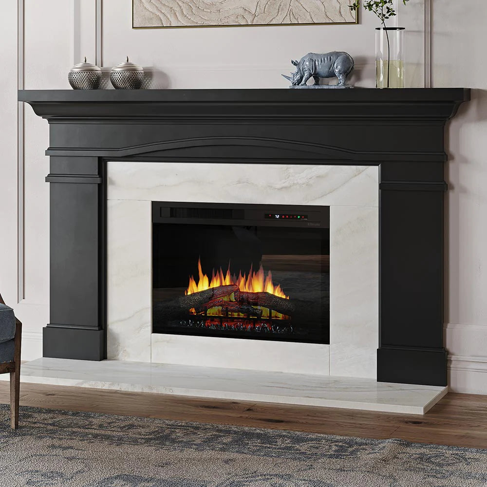 Black wood mantel with marble surround in a large living room.
