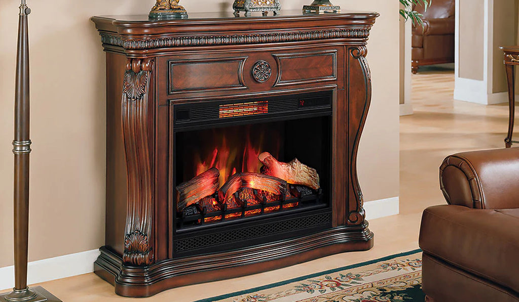 An electric fireplace with an ornate, wooden mantelpiece