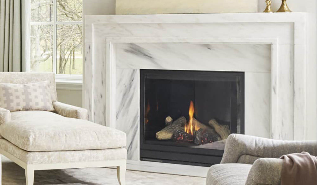 Marble mantel and fireplace surround in a white living room.
