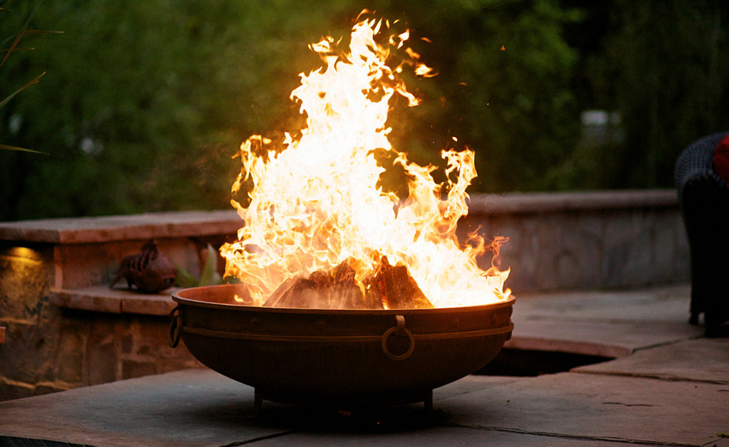 Fire pit on a stone patio.