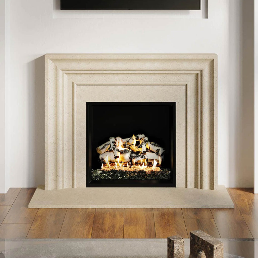 Modern style cast stone fireplace in a clean, modern space.