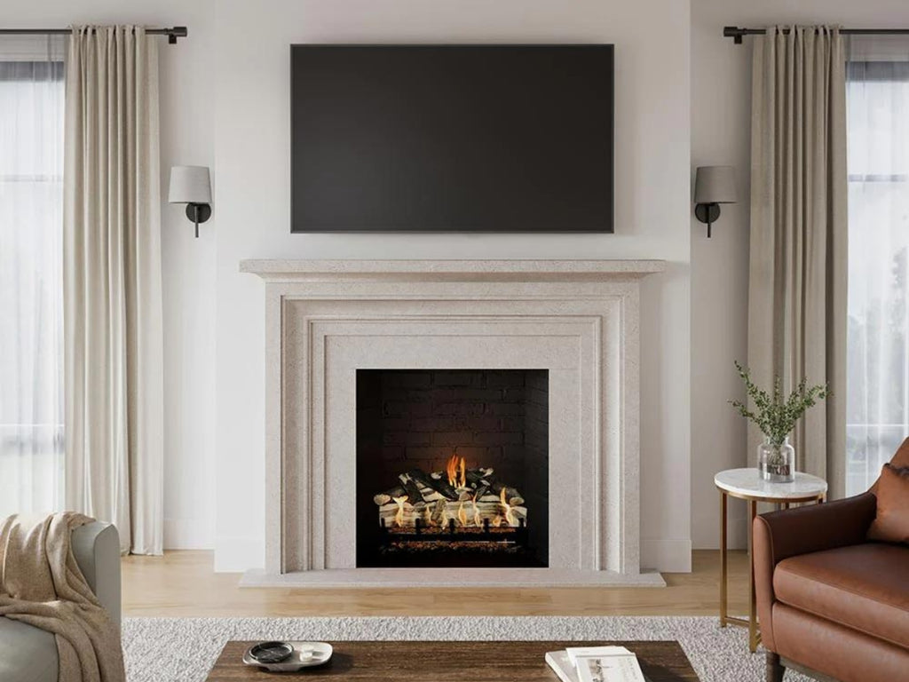 Cast stone mantel surround in an open, airy living room.