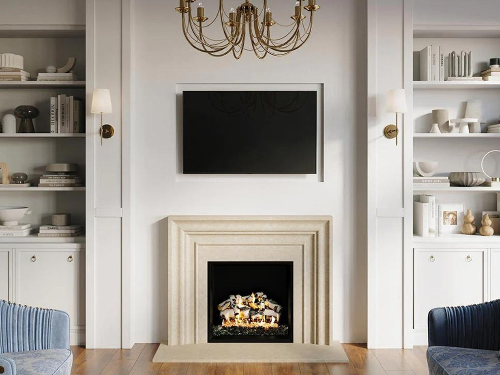 Cast stone mantel surround with hearth in a light colored living room.