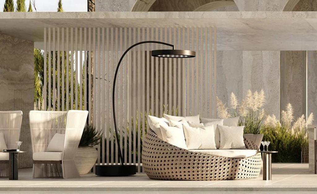 Outdoor patio with freestanding patio heater.