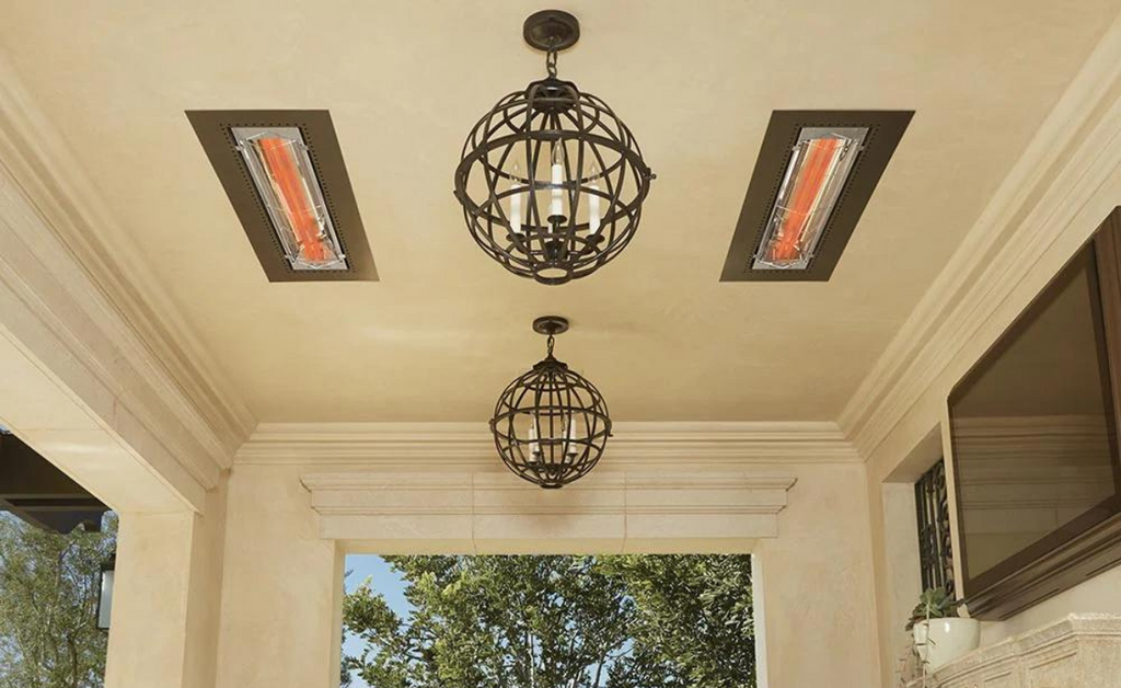 Outoor patio with heaters recessed into the ceiling.
